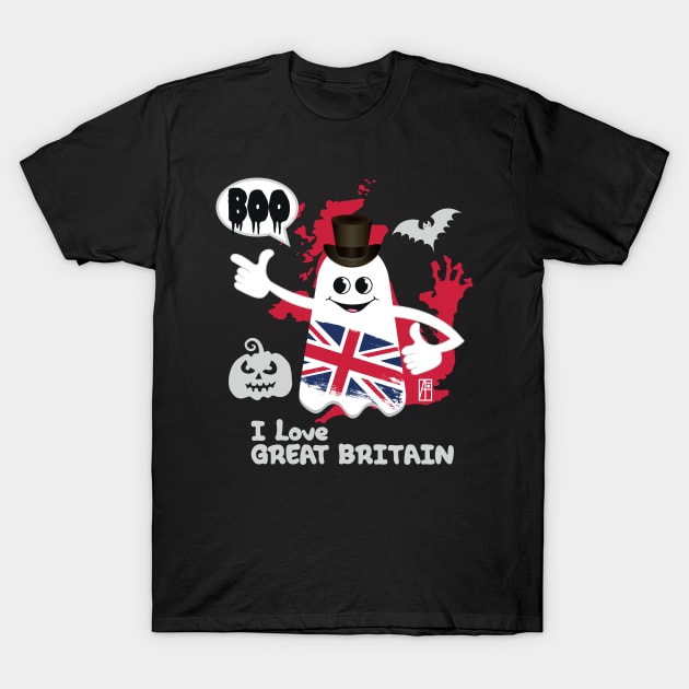 BOO GHOST with the English flag "I love Great Britain" - cute Halloween T-Shirt by ArtProjectShop